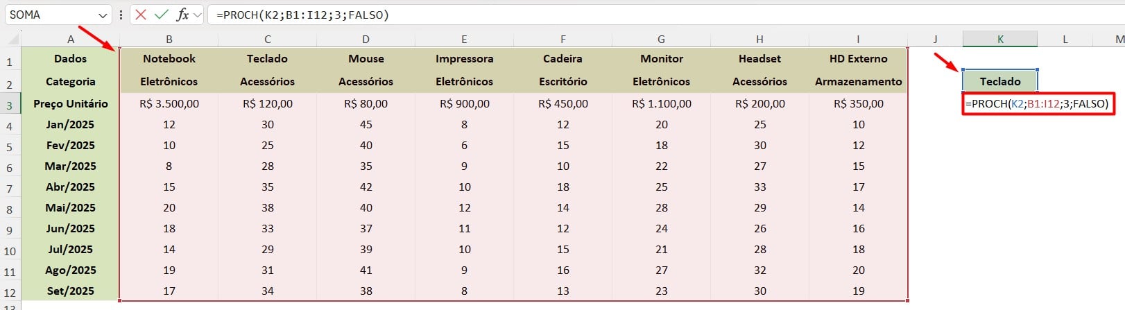 Função PROCH no Excel