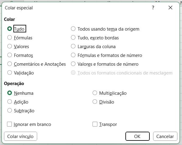 Opções de Colar Especial no Excel