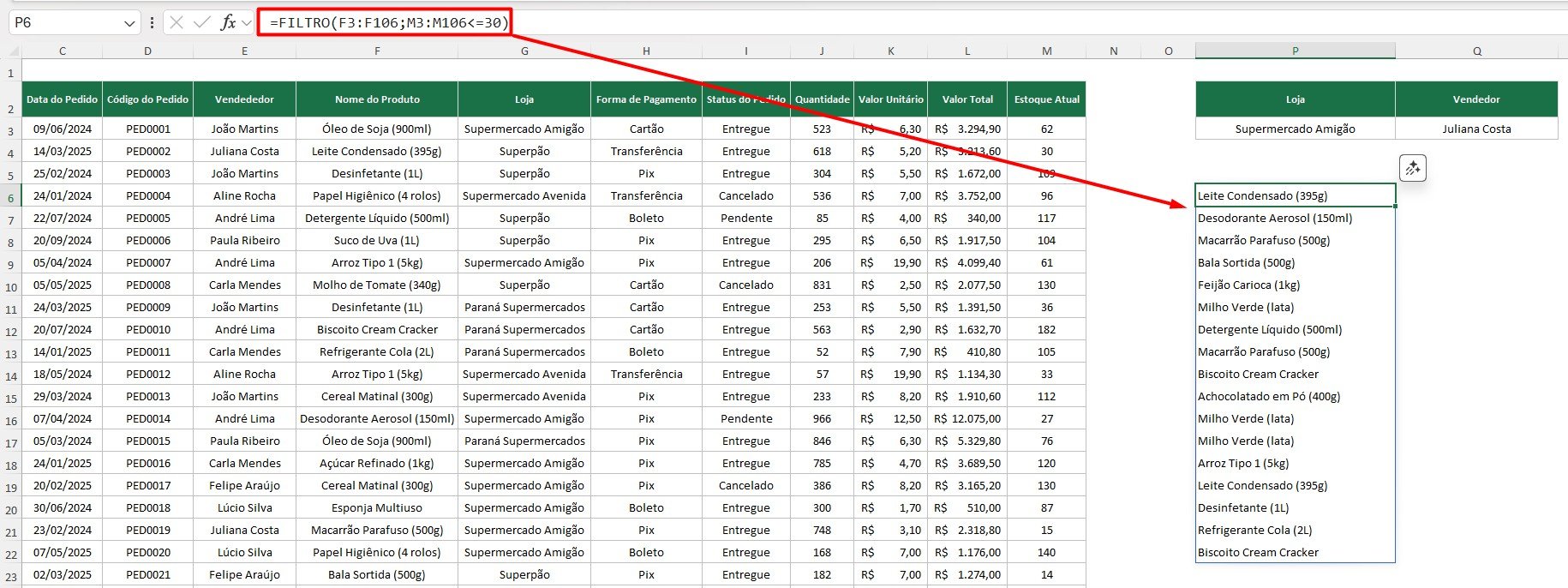 Resultado da Função FILTRO no Excel