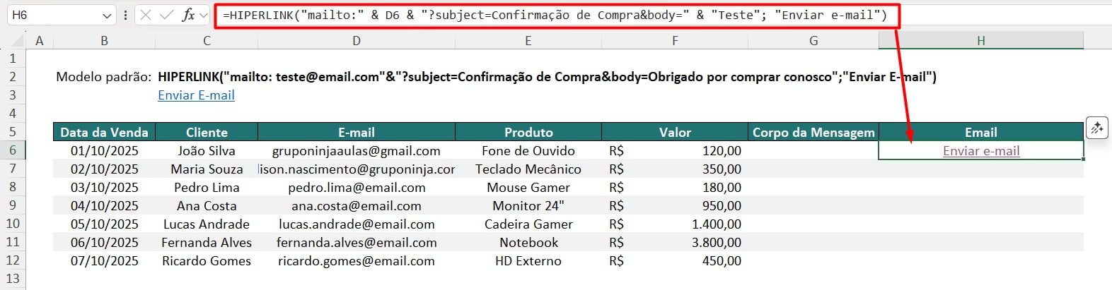 Resultado da Função HIPERLINK no Excel