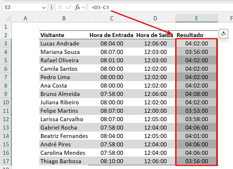 Resultado do Cálculo de Horas no Excel