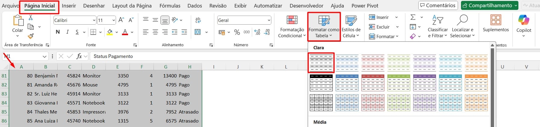 Formatando Dados Como Tabela no Excel