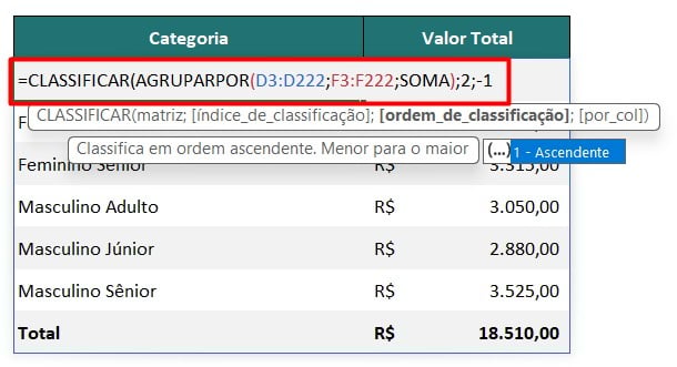 Função CLASSIFICAR e AGRUPARPOR no Excel