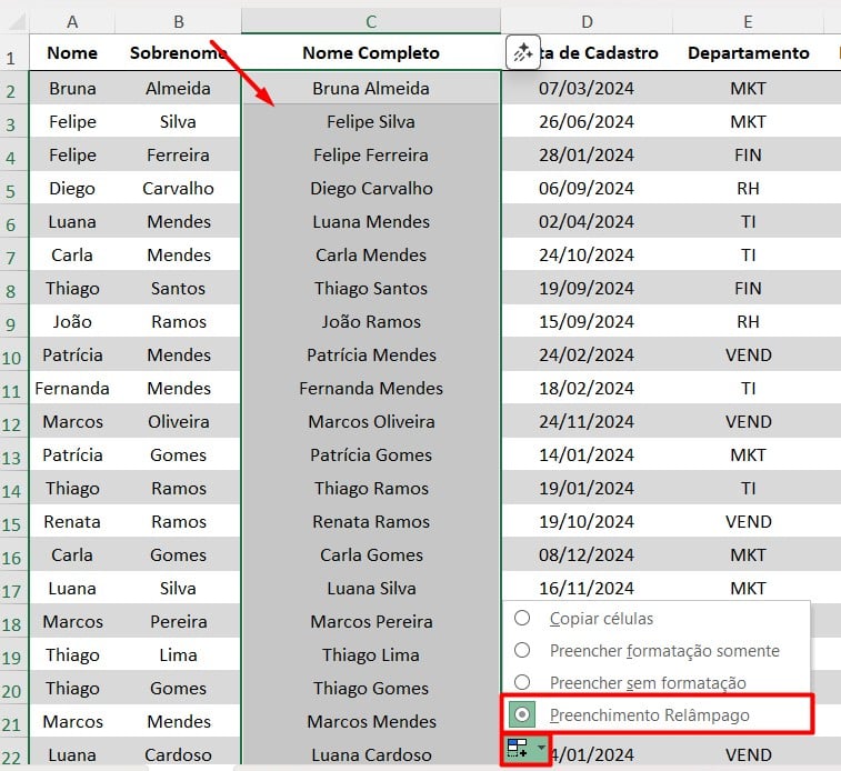 Preenchimento Relâmpago no Excel