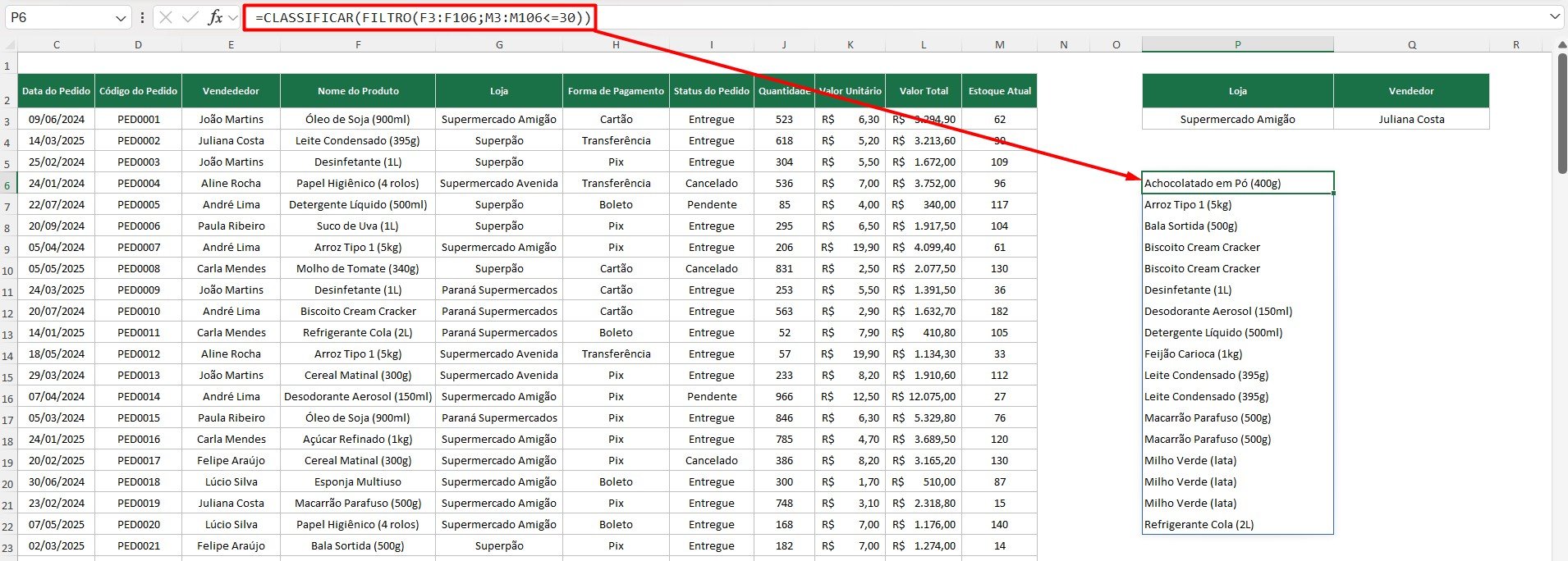 Resultado da Função FILTRO no Excel