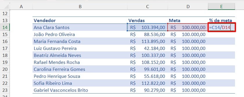 Calculando Porcentagem de Meta no Excel