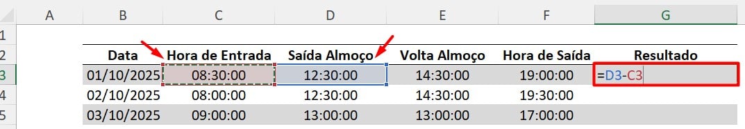 Cálculo de Hora Trabalhadas no Excel