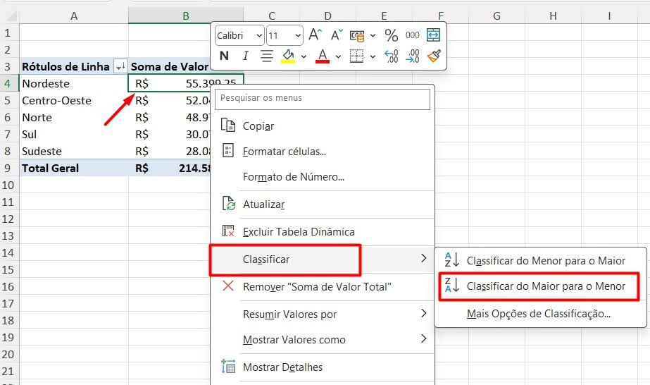 Classificado Dados da Tabela Dinâmica no Excel