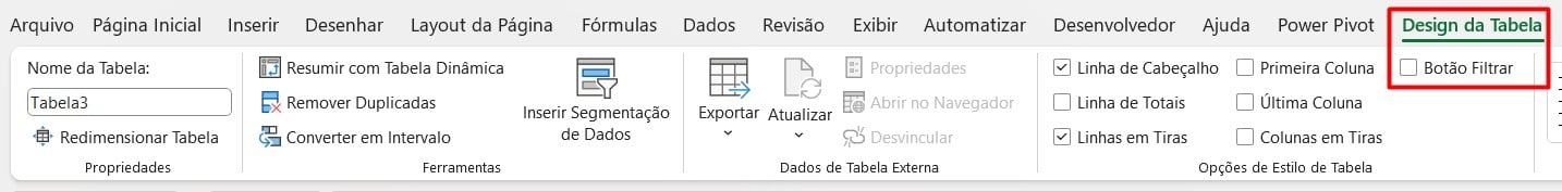Desmarcando Filtro da Tabela no Excel