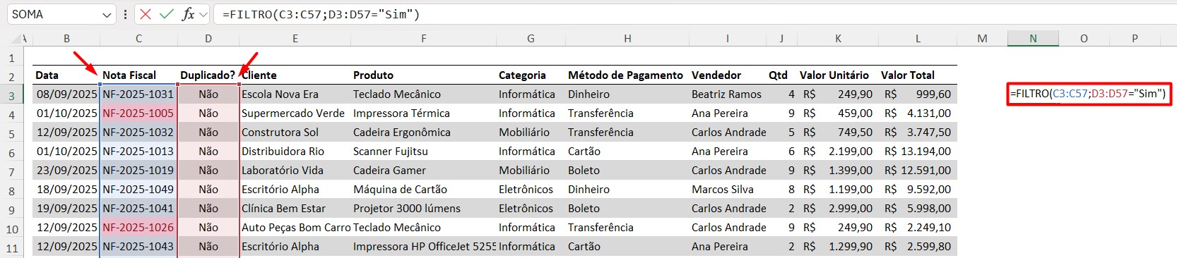Função FILTRO no Excel