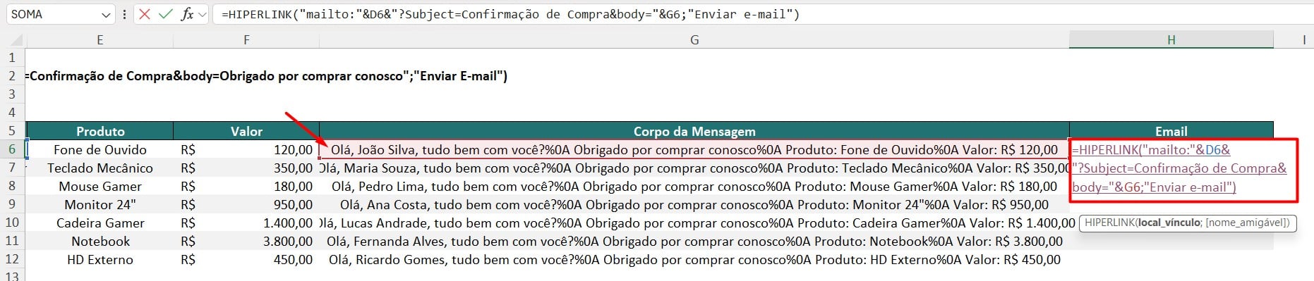 Resultado da Função HIPERLINK no Excel