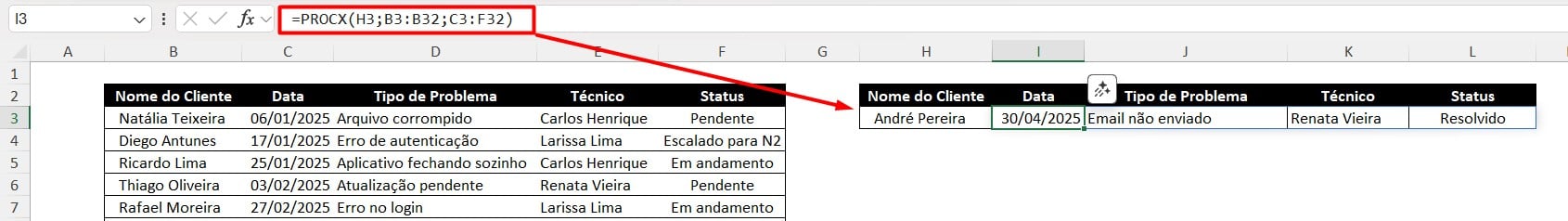 Resultado da Função PROCX no Excel