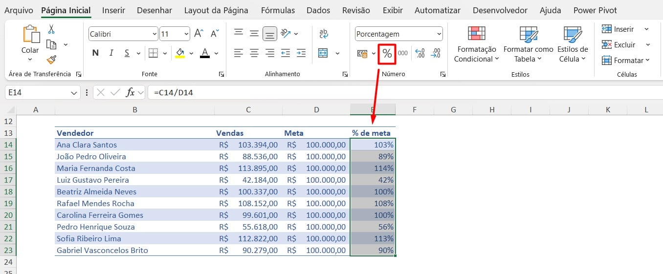 Calculando Porcentagem de Meta no Excel
