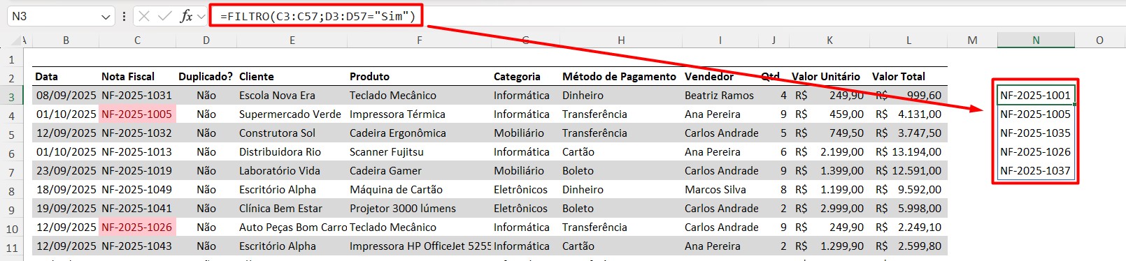 Função FILTRO no Excel