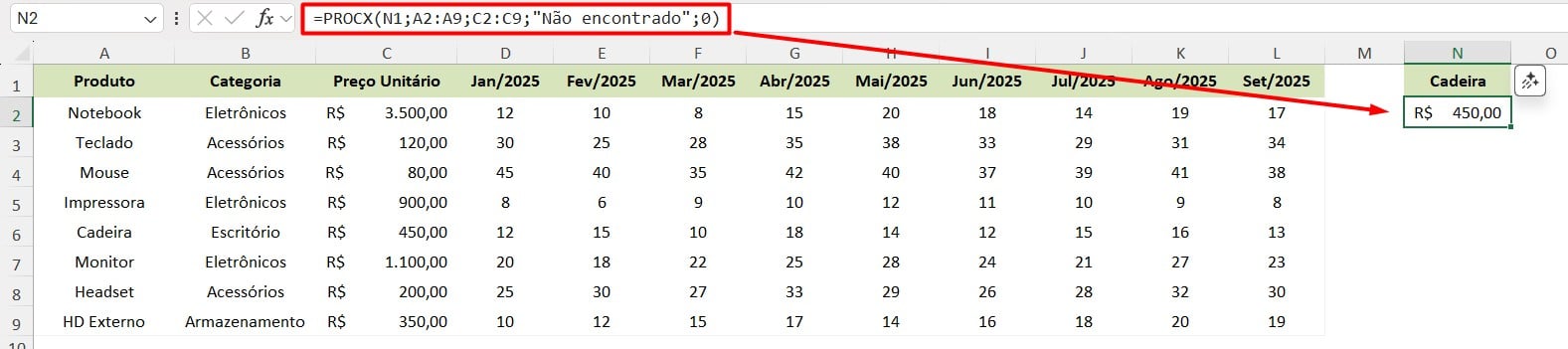 Resultado da Função PROCX no Excel