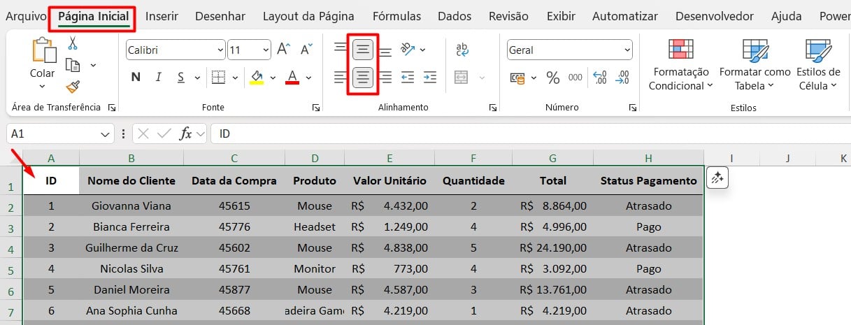 Alinhando Dados da Tabela no Excel