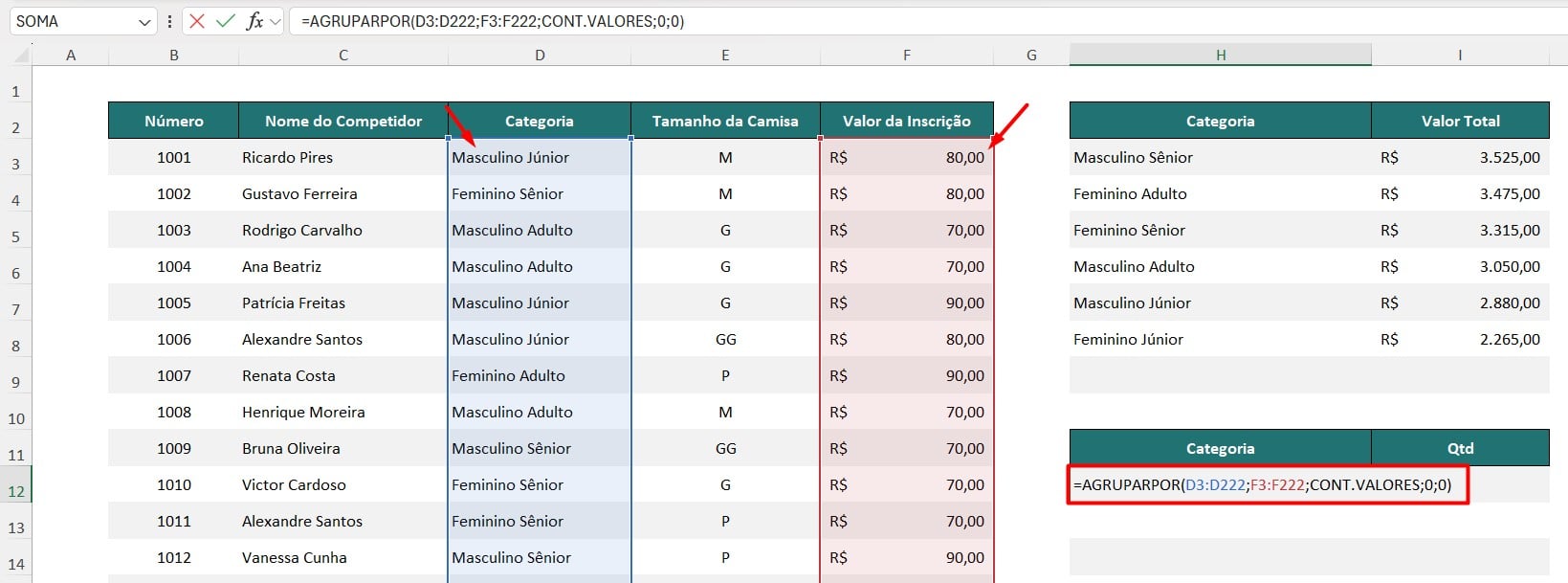 Função CLASSIFICAR e AGRUPARPOR no Excel