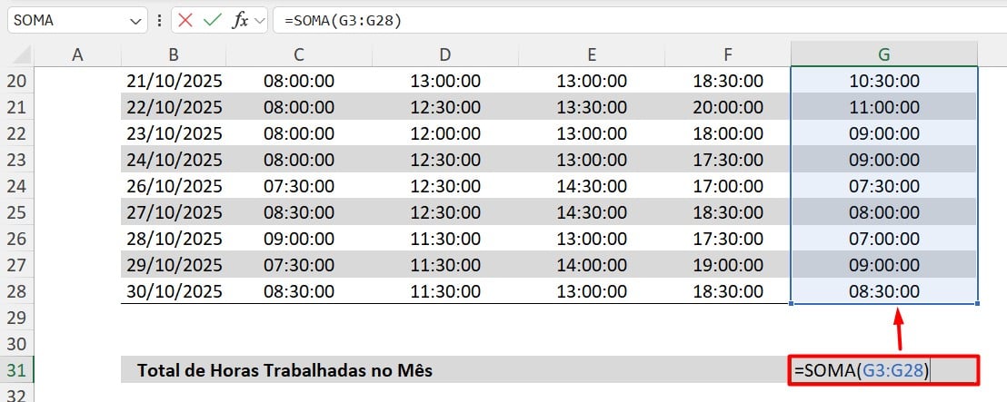Cálculo do Total de Horas Trabalhadas no Excel
