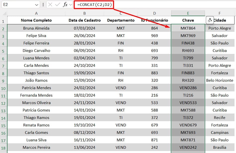 Função CONCAT no Excel