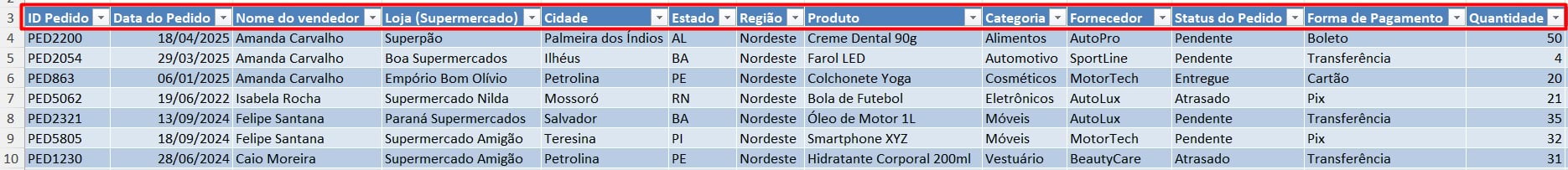 Opções de Filtros na Tabela Gerada