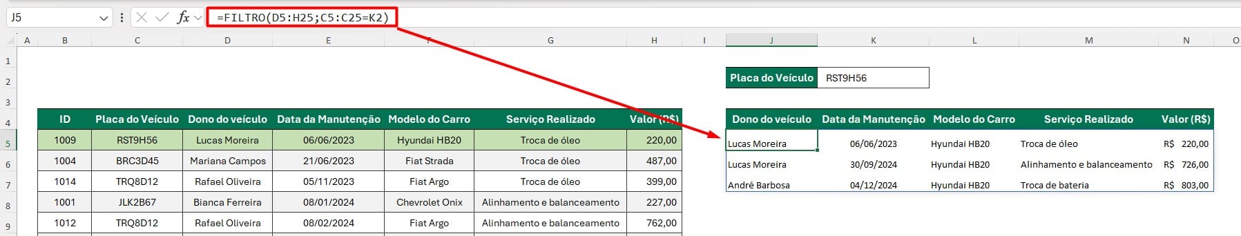 Resultado da Função FILTRO no Excel