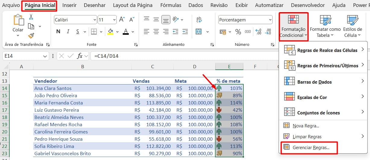 Gerenciando Regra de Formatação Condicional no Excel