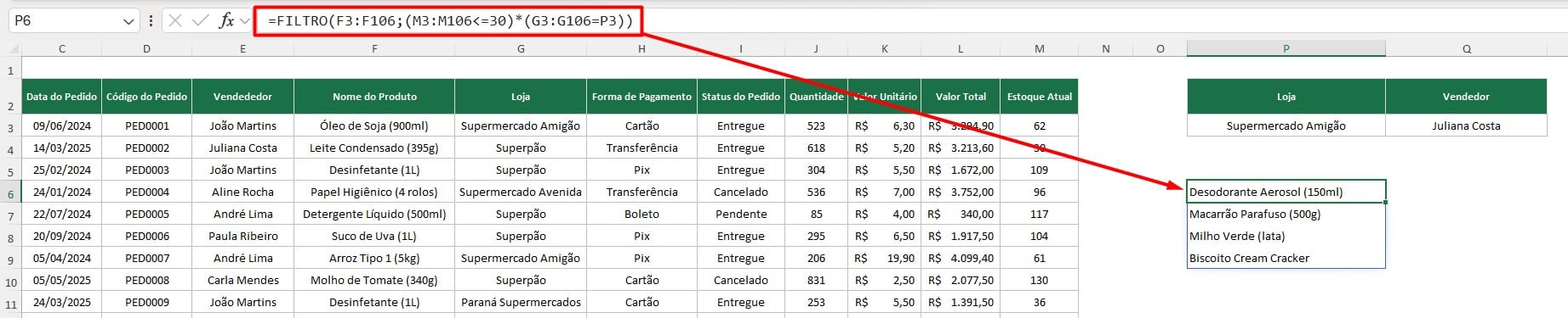 Resultado da Função FILTRO com Dois Critérios no Excel