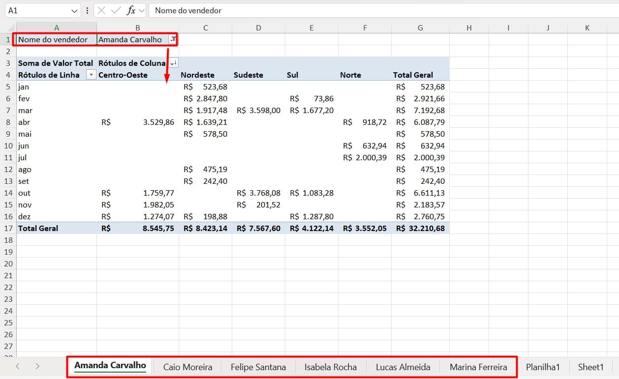 Detalhando Dados da Tabela com Tabela Dinâmica no Excel