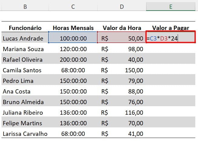Cálculo de Valor por Hora no Excel