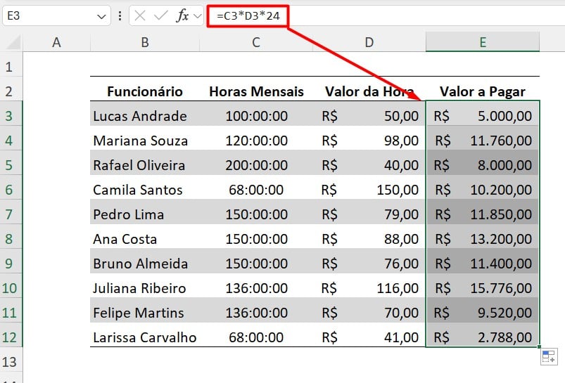 Cálculo de Valor por Hora no Excel